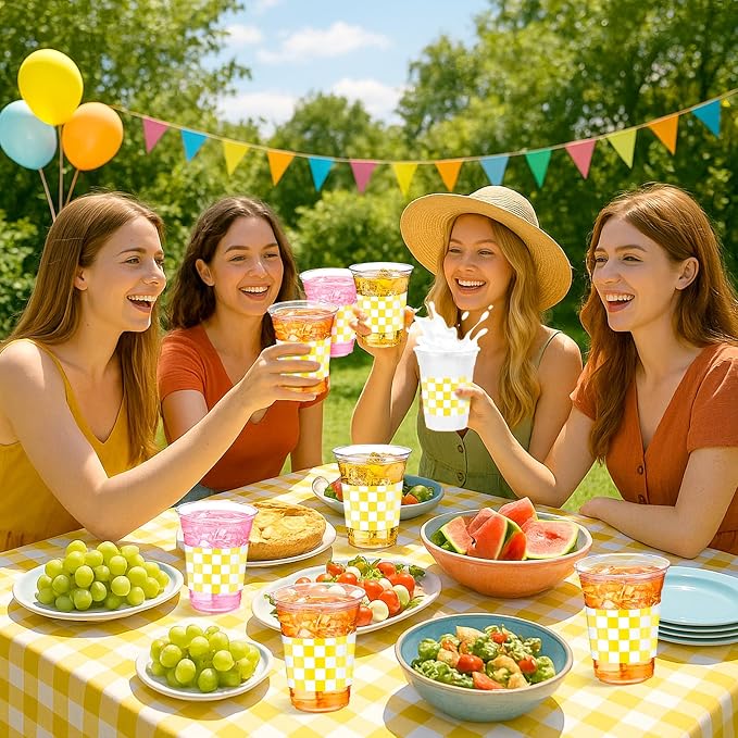 SiliFine 50 Pcs 12 oz Yellow Checkered Plastic Cups Clear Disposable Gingham Plaid Party Cups for Baby Shower, Dinner Birthday Baby Shower Wedding Party Decorations