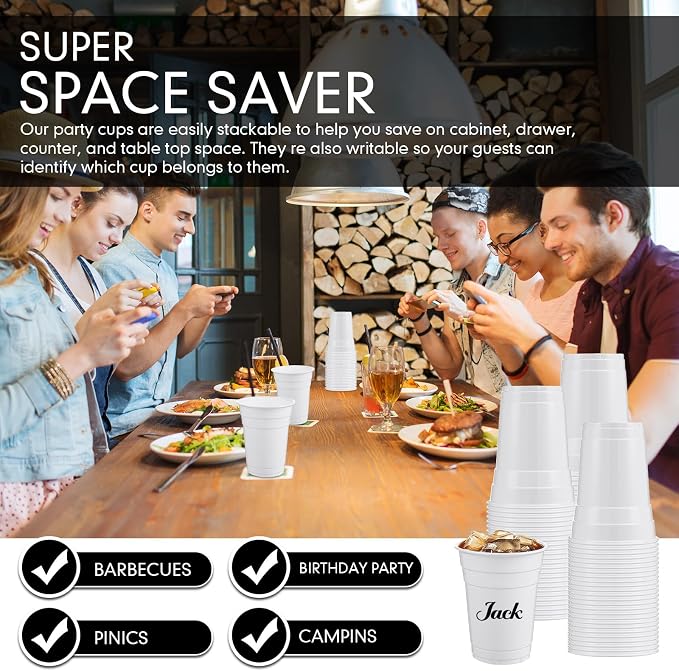Mimorou White 200 Pack Plastic Cups 16 oz Disposable Cups for Party Wedding Halloween Stackable Beverage Drinking Tumbler Heavy Duty for BBQ Birthday Baby Shower