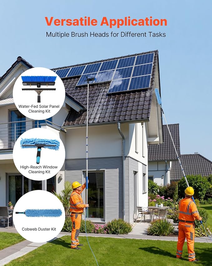 VEVOR Solar Panel Cleaning Kit, 26 ft, Water Fed Pole Kit with Cleaning Brush, Soap Dispenser, Extendable Aluminum Telescopic Pole, 180° Rotatable Brush Head, for Roof Mounted Solar Panels, Windows