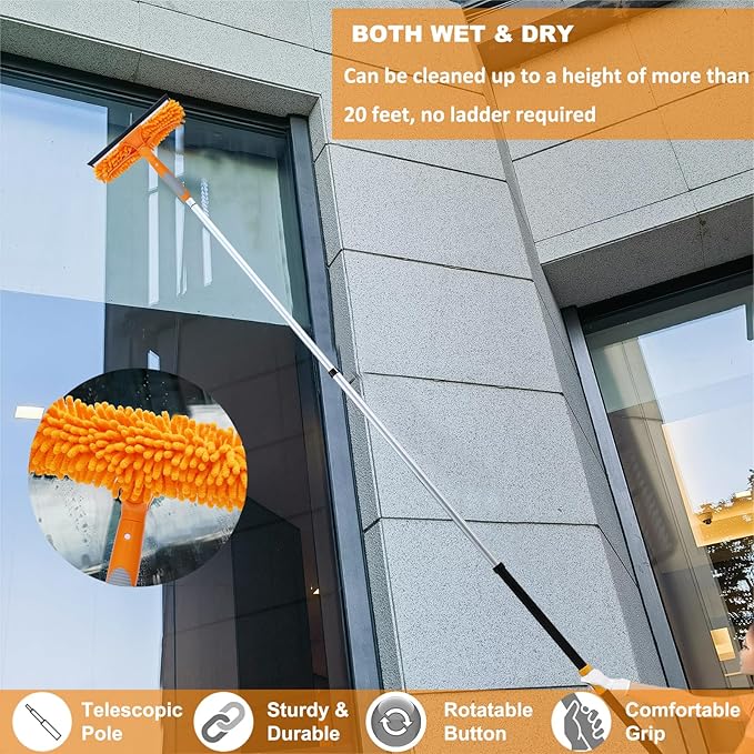 20 Ft+ Reach 2 In 1 Window Squeegee Duster with 5-to-12 Foot Extension Pole, Cleaner Tool with 3-Stage Telescoping Pole, Cleaning Kit with Rotatable Head - Chenille Cloth + Microfibre Cloths Head