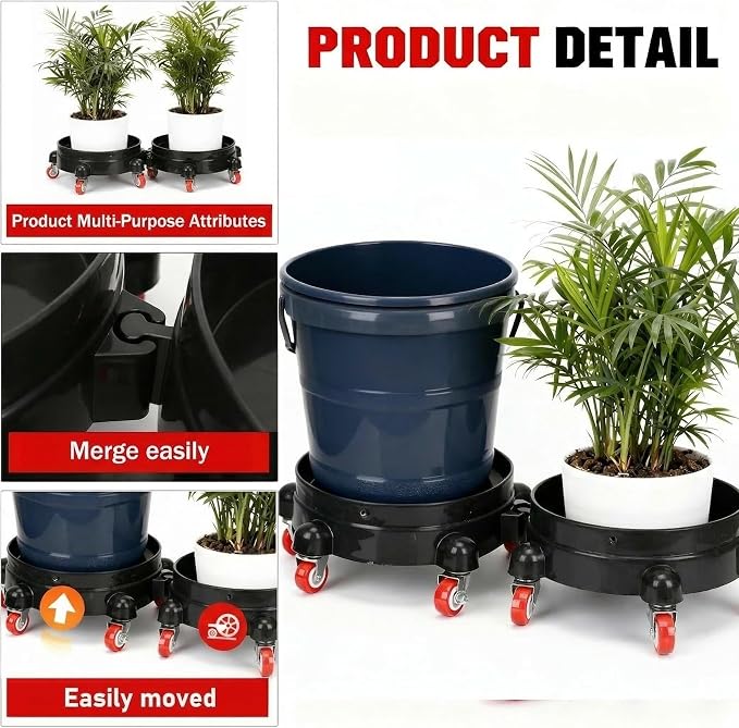 2 Pcs 5 Gallon Bucket Dolly, 11 Inch, Black Set | 1 Car Washing Glove, 5 Heavy Duty Wheel Casters, 360° Rolling, Connectable & Locking, For Car Wash, Garden & Garage