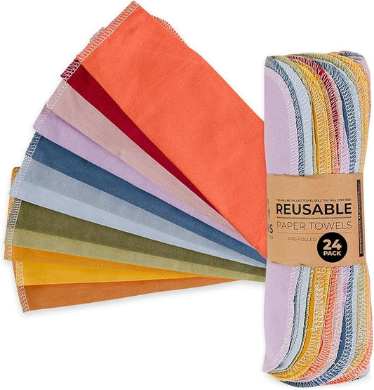 Zero Waste Reusable Paper Towels, Organic Cotton Flannel Wipes for Kitchen, Bathroom, Hand Drying, Pet Messes, and Counter Cleaning, Earth Tones, 24-Pack Gift Set