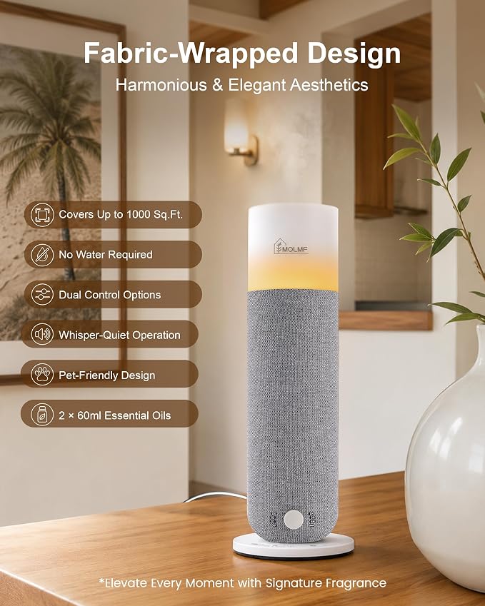 Hotel Collection Diffuser Machine,Fabric-Wrapped Design,Candlelight Atmosphere Lamp,1000 Sq Ft,Waterless Essential Oil Diffuser,Scent Air Machine for Home,Includes 2 x 60ml (2 oz) Oils - Gray