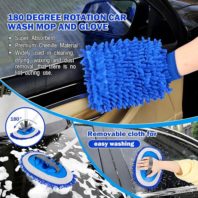 Car Cleaning Kit,62'' Car Wash Brush with Long Handle,Complete Car Cleaning Brush Kit Microfiber Cleaning Head & Extra-Thick Aluminum Extension Pole for Car, Truck, SUV, RV