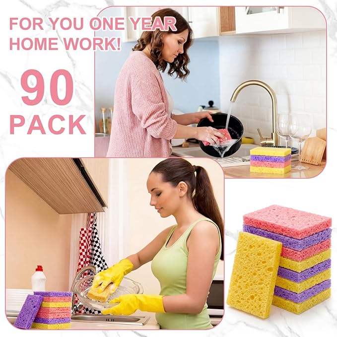 Zhengmy 90 Pieces Sponges Bulk Sponges Kitchen Compressed Sponge Natural Dish Sponge Compressed Wood Pulp Cleaning Without Scratching for Kitchen Bathroom, 3.9 x 2.4 x 0.12 Inch (Dark Color)