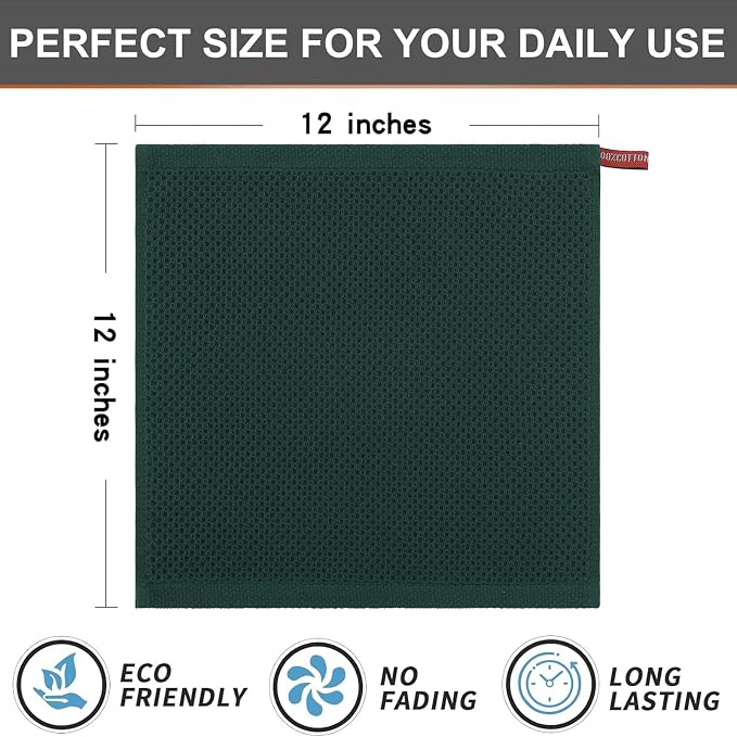 Kitinjoy 100% Cotton Kitchen Dish Cloths (12 X 12 Inches, Blackish Green), 12 Pack Waffle Weave Ultra Soft Absorbent Dish Towels for Drying Dishes Quick Drying Kitchen Towels Dish Rags
