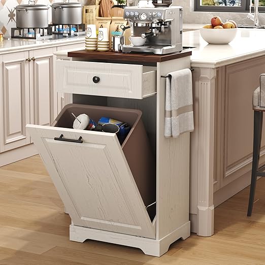 Function Home Trash Can Cabinet, 13 Gallon Tilt Out Trash Cabinet, Wooden Kitchen Garbage Can with Hideaway Drawer, Pet Proof Trash Can Holder for Kitchen Living Room, Antique White with Brown Top