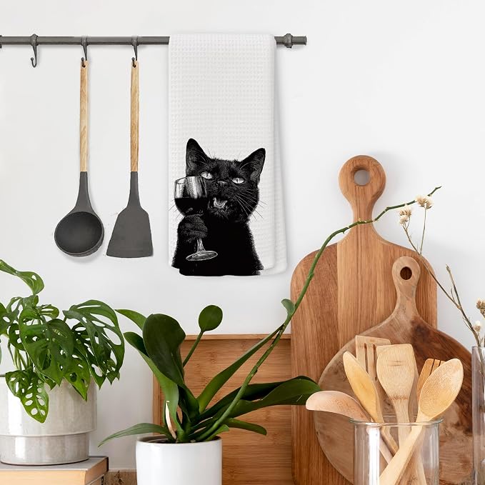 Funny Black Cat Wine Kitchen Towels, Gifts for Dog Wine Lovers, Bar Accessories Dish Tea Towels for Kitchen, Dog Owners Housewarming Gift Decorative Hand Towel 16x24 Inch