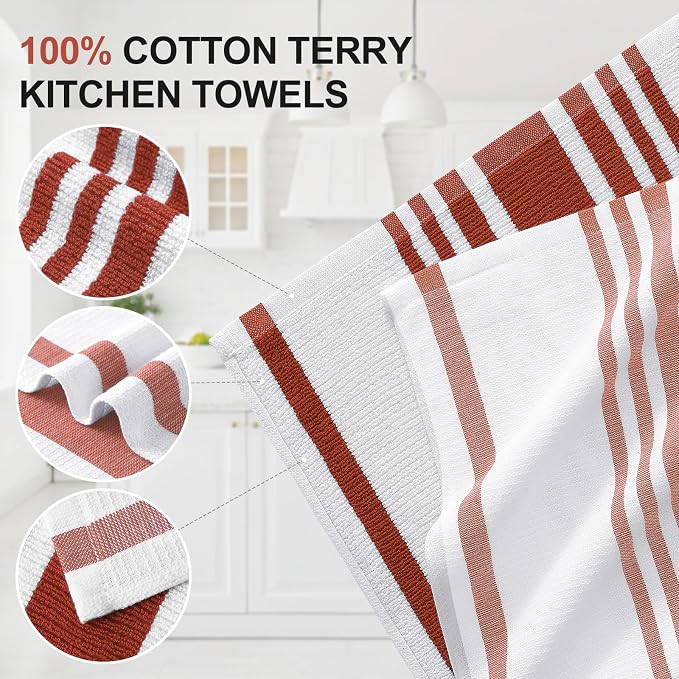 Homaxy Premium Kitchen Towels 18”x 28”, Large Cotton 380 GSM Kitchen Hand Towels, Stripe and Terry Dish Towel, Highly Absorbent Tea Towel Set with Hanging Loop, 3 Pack, Rust