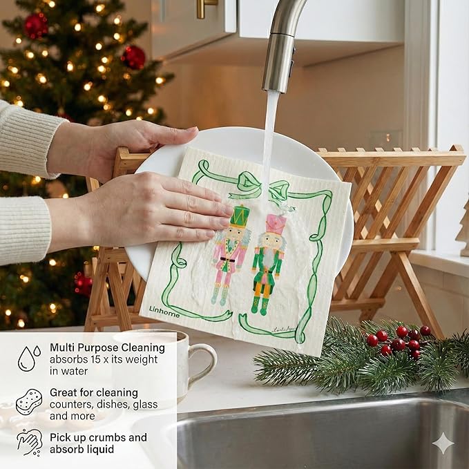 Christmas Holiday Swedish Dishcloth, Reusable Paper Towel, Super Absorbent Cellulose Sponge, Washable Kitchen Cleaning Cloth (Nutcraker Duo - 1 Pack)