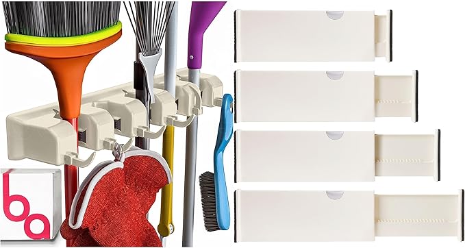 Berry Ave Broom Holder Beige (1 Pack) and Drawer Dividers Organizer, 4" High, Expandable from 11"-17" (4-Pack)