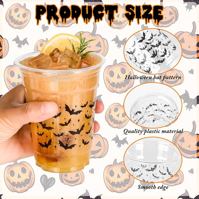 AimFun Halloween Bats Plastic Cups White Black Ghosts Disposable Party Cup Cute Spooky 12oz Clear Cups for Candy Beverage Snacks Birthday Baby Shower Party Supplies (100, Bats)