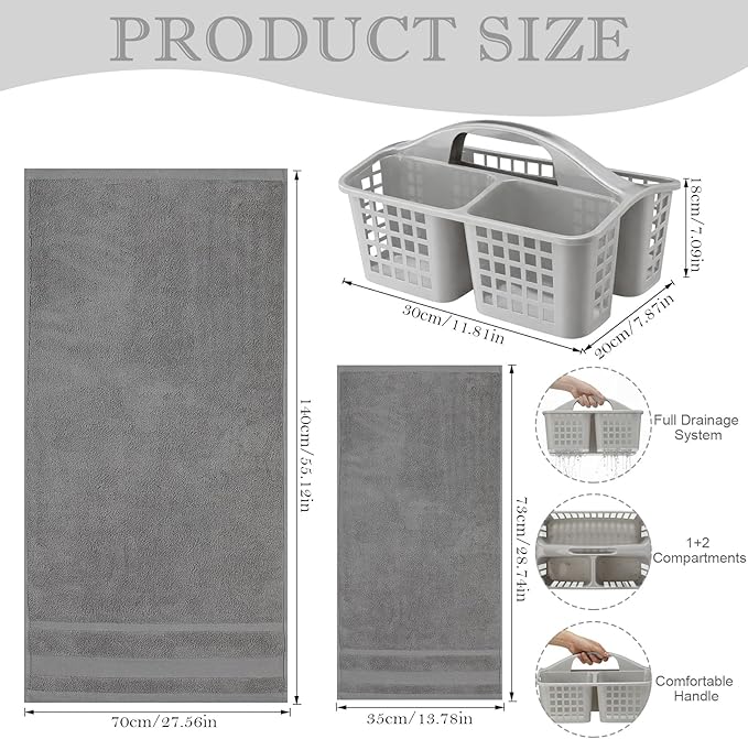 Tigeen 4 Pcs Portable Shower Caddy Basket with Compartments and 1 Cotton Bath Towels & 2 Hand Towels Plastic Divided Cleaning Caddy Organizer Storage Tote Kit for Bathroom College Dorm Room (Gray)