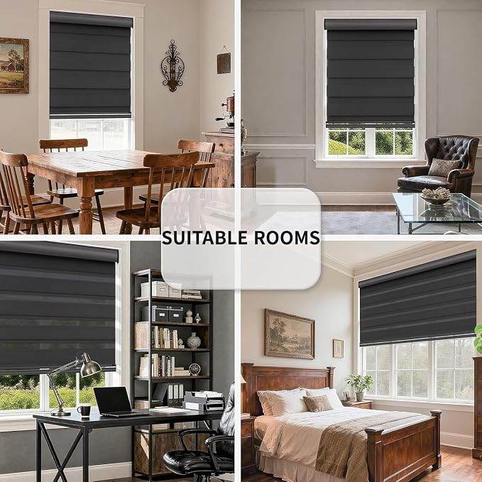 MYshade Cordless Zebra Blinds with Free-Stop Function - Dual Layer Light Filtering & Privacy Sheer Shades for Day and Night - Easy Install Window Shades for Home, Living Room, 33" W x 64" H,Black