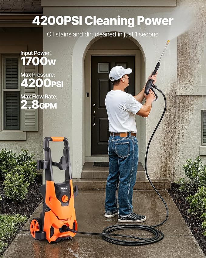 VEVOR Electric Pressure Washer, Max 4200 PSI 2.8 GPM, High-Power Cleaner with Foam Cannon & 4 Nozzles for Driveways, Cars, Fences, Patios, Home Cleaning