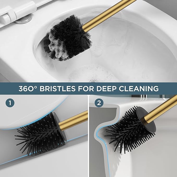 FORIOUS Toilet Brush and Holder Set, SUS304 Stainless Steel Square Base, Extended Long Handle, Drip-Proof & Space Saving, 2 Replaceable Brush Heads, Plastic & Silicone Dual Brush Head, Drak Gold