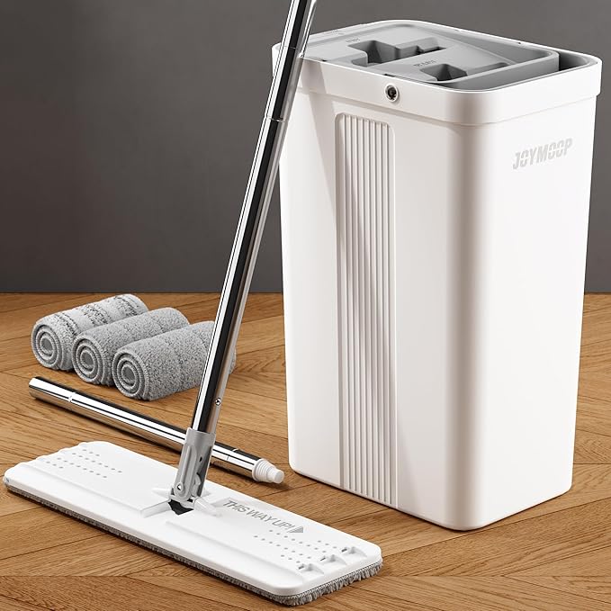 JOYMOOP Mop and Bucket Set, Flat Mop for Household & Commercial Floor Cleaning, Wet Dry Wall Cleaner with Long Handle, Hardwood Floor – Includes 3 Microfiber Pads