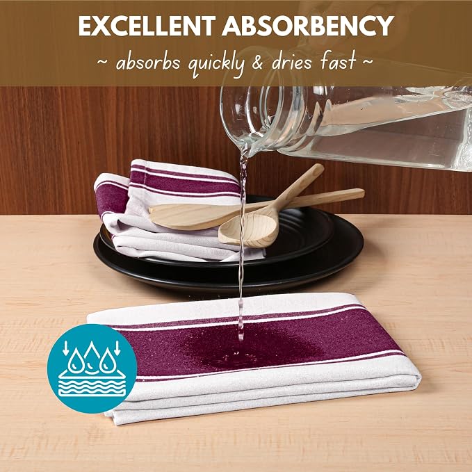 Native Fab Farmhouse Kitchen Towels 18"x28", 12 Pack, Wide Stripe, Super Absorbent, Quick Dry, 100% Cotton Towels for Hand, Dishes Drying, Cleaning Dishcloth Set with Hanging Loop - Burgundy (Maroon)