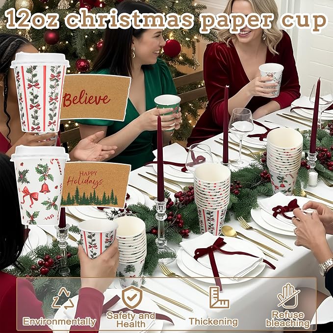 Gueevin 72 Set/ 216 Pcs Christmas Paper Cups Disposable 12 oz Christmas Coffee Cups with Lids and Sleeves Xmas Winter Party Supplies for Hot Chocolate Cocoa Cold Drinks Water Supplies (Bow Style)