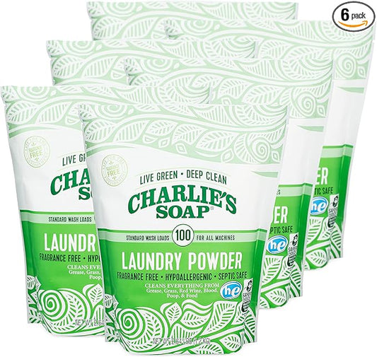 Charlie’s Soap Laundry Powder (100 Loads, 6 Pack) Hypoallergenic Deep Cleaning Washing Powder Detergent – Eco-Friendly, Safe, and Effective