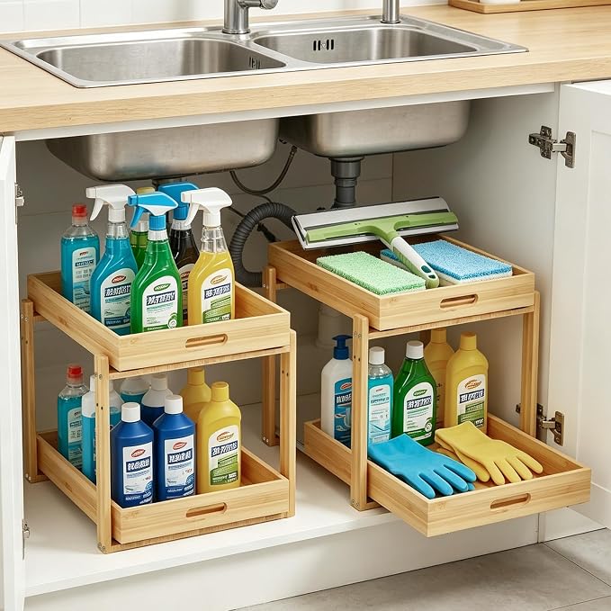 Under Sink Pull Out Organizer - Bamboo Cabinet Organizer 2-Tier with Adjustable Height, Undersink Storage Shelf Slide Out for Kitchen Bathroom Pantry Cabinet(2 Packs)