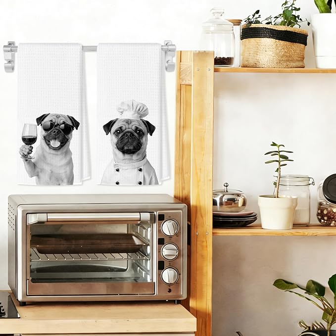 Funny Pug Kitchen Towels Set of 2, Dog Kitchen Bar Accessories, Dog Chef Gifts for Women Decorative Hand Towels for Kitchen Decor, Pug Lovers Dish Tea Towel, 16x24 Inch