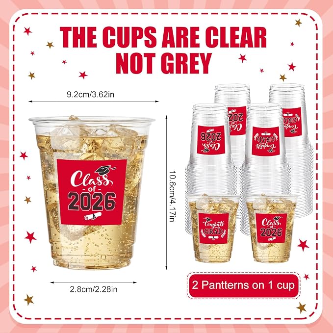 Amyhill 60 Pack 12oz Graduation Cups 2026 Graduation Decorations Disposable Plastic Cups Sturdy&Durable Drinkware for Class of 2026 Decorations Congrats Grad Party Favors Supplies (Red)