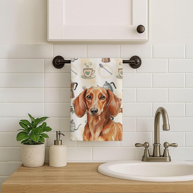 Caroline's Treasures Red Brown Dachshund Coffee Bar Kitchen Towel Velour Plush Front and Cotton Loop Back Machine Washable