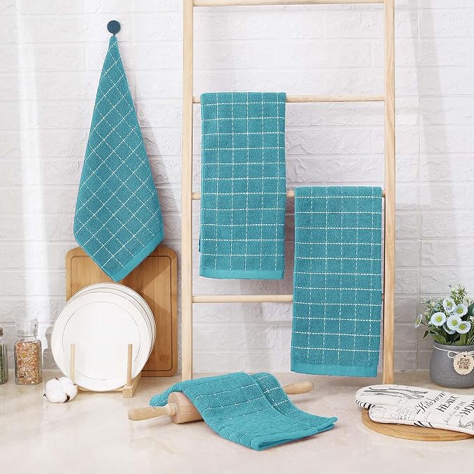 Homaxy Kitchen Towels and Dishcloths Set, 12 x 12 and 13 x 28 Inches, Set of 12 Bulk Cotton Terry Kitchen Towels Set, Checkered Designed, Soft and Super Absorbent Dish Towels, Lake Blue