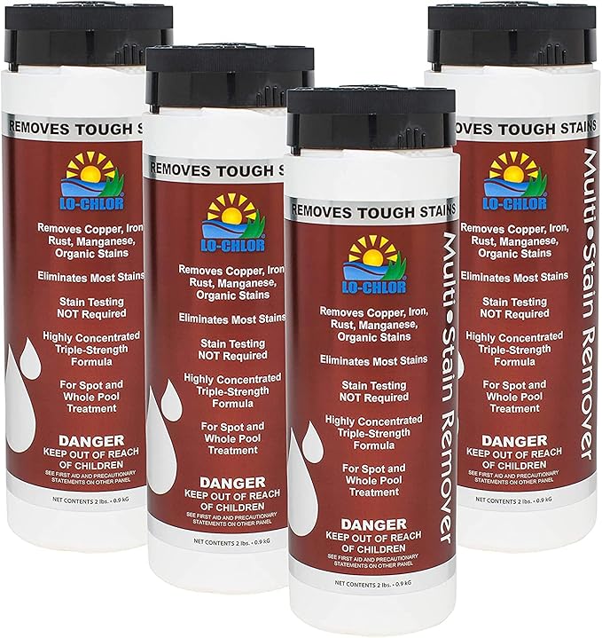 Lo-Chlor Multi-Stain Remover for Swimming Pool, Removes Iron Copper Manganese Rust Stains, Triple Strength Formula, Spot or Overall Treatment, All Pool Surface Types, 2 lb, 4 Pack