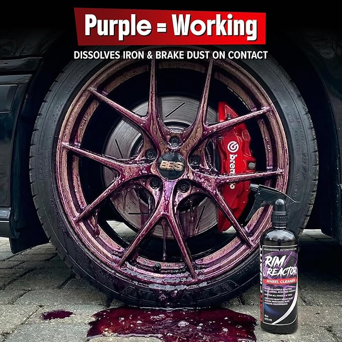 Carfidant Rim Reactor Wheel Cleaner Spray – No Scrub Formula with Purple Iron Remover Reaction – Removes Brake Dust & Grime – Safe for All Wheels (Aluminum, Chrome, Black) – pH Neutral – 16oz