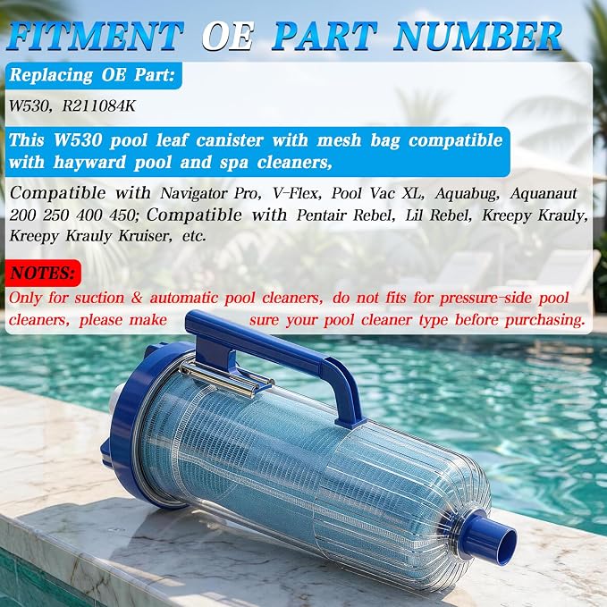 Upgraded Grip W530 Large Capacity Leaf Canister with Mesh Bag, Pool Vacuum Leaf Canister Compatible with Hayward Pool and Spa Cleaners Replacement for W530 Series Heavy Duty Inline Leaf Catcher