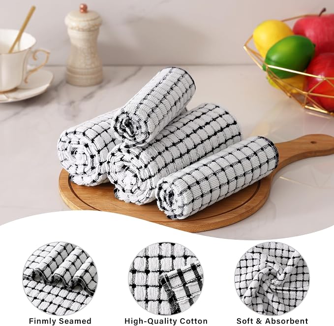 Kitinjoy Cotton 12 Pack Terry Kitchen Towels, 16 x 25 Inches Super Soft and Absorbent Dish Towels, Quick Drying Hand Towels for Kitchen Drying, Black