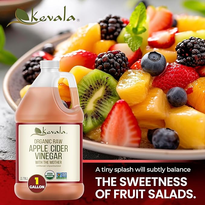 Kevala Organic Raw Apple Cider Vinegar - Unfiltered and Unpasteurized Vinegar for Cooking and Beauty, Addition to Your Routine for Gut Health and Metabolism Support, Salad Dressing Ingredient, 128 oz