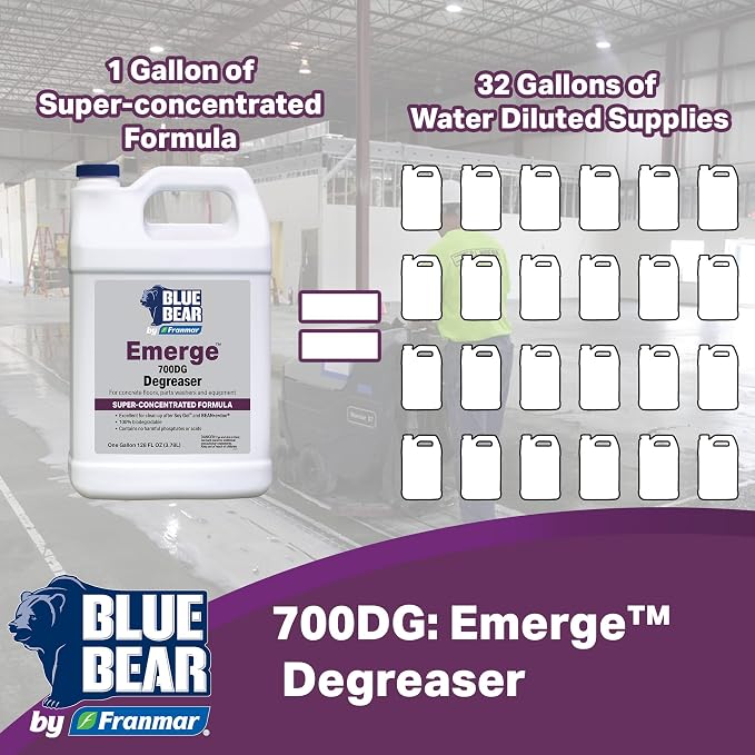 Blue Bear 700DG Emerge Degreaser | Low-Odor, Biodegradable Cleaner, Removes Oil, Grease, Dirt & Grime, Safe for Heavy-Duty & Everyday Cleaning, concrete cleaner