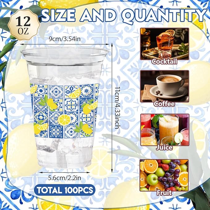 100Pcs Lemon Plastic Party Cups, 12oz Chinoiserie Lemon Disposable Clear Cups for Summer, Weddding, Baby Shower Parties, Holiday Gatherings, Birthday Party Drinking Cup