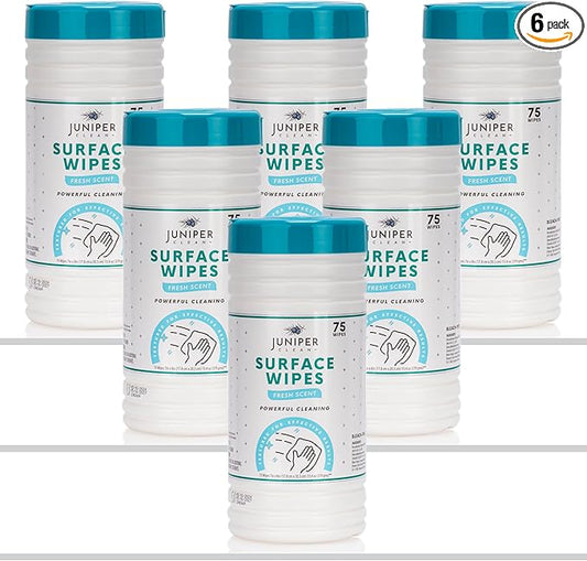 Juniper CLEAN 6 Pack Surface Cleaning Wipes Bleach Free, All-Purpose Cleaner for Bathroom, Kitchen, Office, 450 Count Canister, 7.5" x 7" Sheet, Fresh Scent, Lint Free & Durable