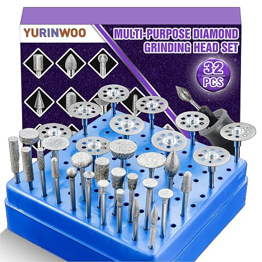 Diamond Grinding Bit Set for Dremel, Rotary Tool Grinding Cutting Wheel 1/8” Shank for Stone Glass Tile Jewelry Engraving Rock Etching Masonry Carving Metal Wood - 32Pc