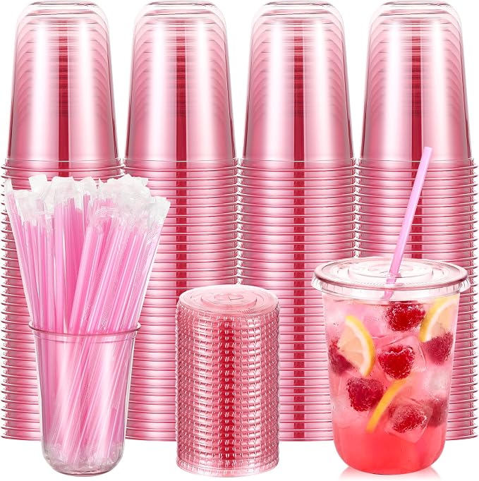 Ziliny 200 Sets Clear Round Bottom Plastic Cups with Lids and Straws, Cute Disposable Drinking Coffee Cups, for Christmas Valentine's Galentine's Day Party Wedding Birthday Supplies (16oz,Pink)