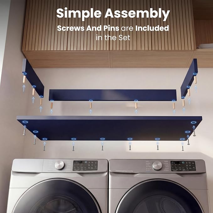 Premium Washer Dryer Countertop 54" W x 27.5" D x 3.1" H, One Solid Base Board Laundry Room Topper with Edge Rails, Washing Machine Top, Painted Finish, Anti-Slip Feet, Engineered Wood, Blue Color