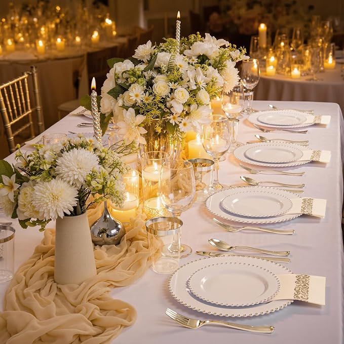 LIYH 350 Pcs Plastic Dinnerware Set for 50 Guests - White Silver