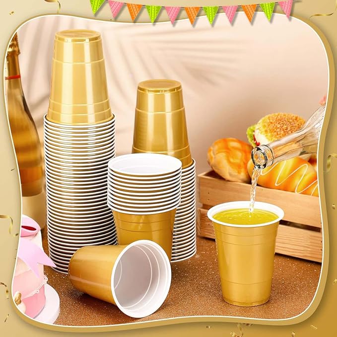Lounsweer 100 Pcs 16 oz Disposable Party Cups Plastic Heavy Duty Drinking Water Cups for Birthday Baby Shower Wedding BBQ Picnic Party Supplies(Gold)