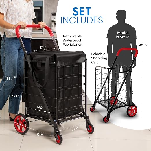 SereneLife Large Folding Utility Shopping Cart with Removable Liner – Heavy Duty, 360° Swivel Wheels, 110 lb Capacity, Portable for Groceries, Laundry, Luggage, and More (Red)
