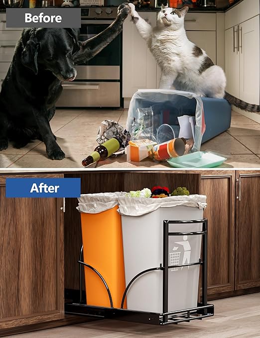 ANASTA Dual Pull Out Trash Can Under Cabinet Rack-No Can Included, Under Sink Trash Can Pull Out Holds Double 7-9 Gal/35 Qt*2 Commercial Garbage Can Recycle Bin, Minimum Cabinet Size≥16''W 17''H 22"D