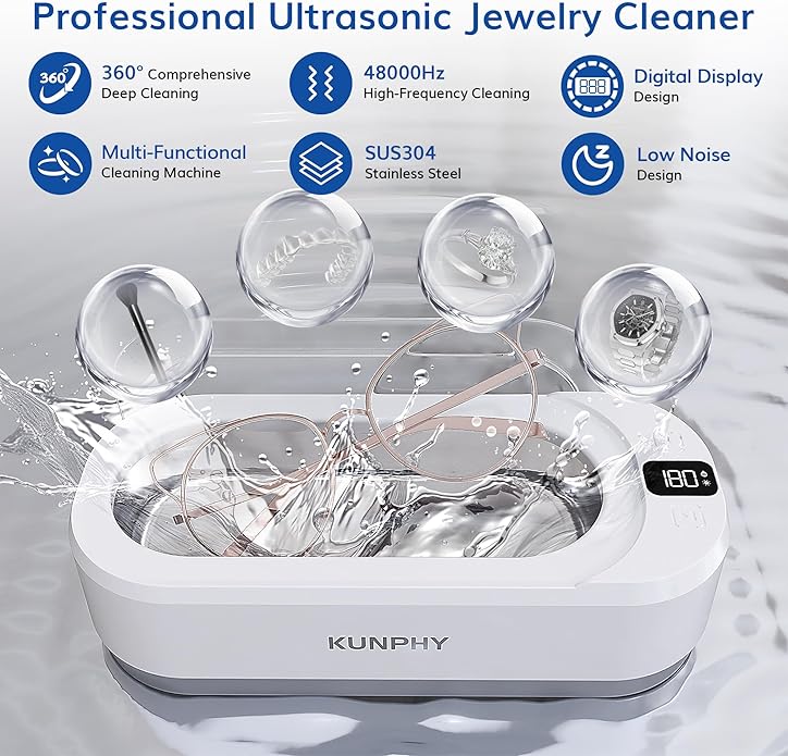 Upgraded KUNPHY Ultrasonic Jewelry Cleaner with 300ml Solution, 48KHZ, 12OZ Capacity, Ultrasonic Cleaner with 3 Digital Timer, Touch Control, Idea for Jewelry, Eyeglass, Rings, Diamond