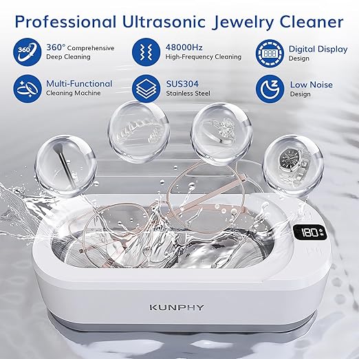 Upgraded KUNPHY Ultrasonic Jewelry Cleaner with 50ml Solution, 48KHZ, 12OZ Capacity, Ultrasonic Cleaner with 3 Digital Timer, Touch Control, Idea for Jewelry, Eyeglass, Rings, Diamond