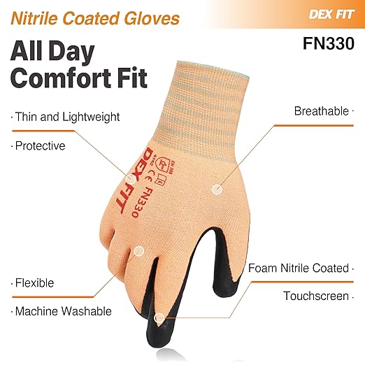 DEX FIT Nitrile Work Gloves FN330, 3 Pairs, 3D-Comfort Stretchy Fit, Firm Grip, Thin & Lightweight, Touch-Screen Compatible, Durable, Breathable & Cool, Orange XL (10)