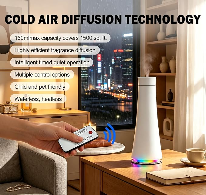 160ML Waterless Scent Diffuser Kit，Included 5 * 20ml Hotel Oils | 7-Color LED ,Remote control , Covers 1500 Square feet, Homes, Offices, Hotels, spas.