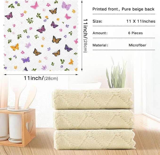 Pretty Butterfly Flower Kitchen Towels Dish Cloths Set of 6 Microfiber Cleaning Cloths for Cars Super Absorbent Machine