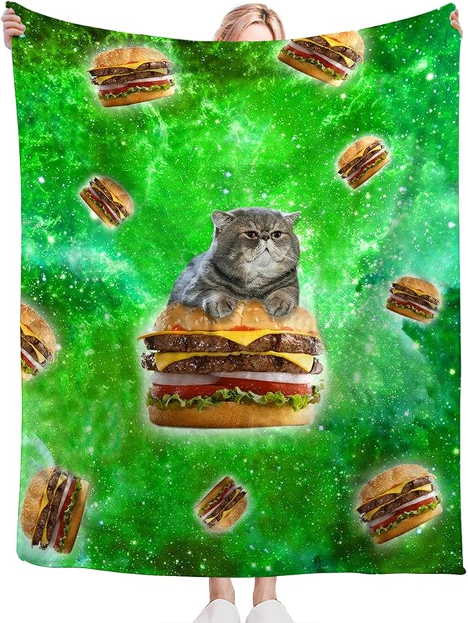 Tijuboni Hamburger Cat Throw Blanket Funny Cat Gifts for Girls Boys Women Men Kids Adults Soft Flannel Fleece Blanket for Couch Sofa Bed Home Decor 50"x60"